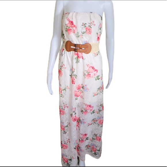 ARDENE Strapless Bandeau Fit Floral Maxi Dress With Belt Ivory/Pink Size Small - Picture 3 of 13